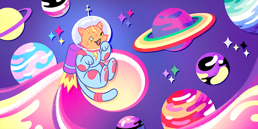 Graphic in vibrant colors, a cartoon cat dressed as an astronaut, a solar system of planets surrounding it