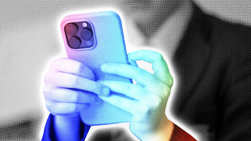 Graphic of a person holding a phone, their hands and the device are highlighted in glowing rainbow tones as the background is grayscale and faded