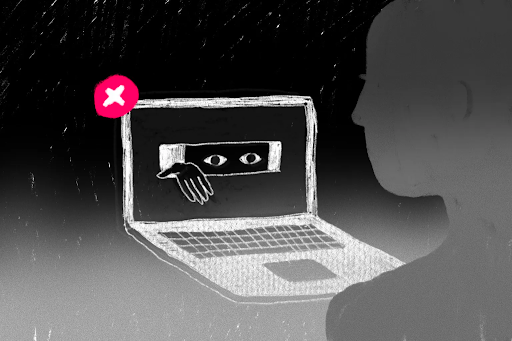 Graphic: black and white visual of a person looking at a laptop, the night sky as a backdrop