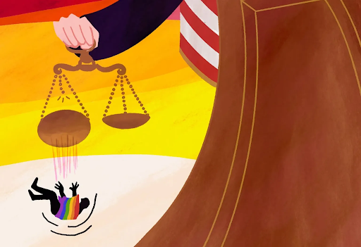 Graphic: a human hand holding scales of justice, with one side having a snapped chain, and a human avatar draped in the LGBTQ+ flag is falling out of the broken side