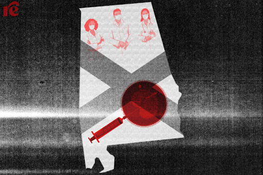 Black and white graphic of the state of Alabama map, with a visual of doctors in red, and a syringe going through a red sphere, representing a medical abortion