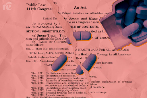 The Braidwood v. Becerra decision—which no longer makes coverage for PrEP, pictured above, a requirement for employers and insurers to provide—is a devastating blow to decades of work by queer elders. (Coral pink background, content of the bill in writing, with image of blue pills spilled out of a bottle.