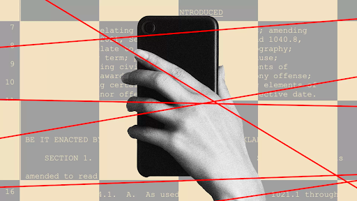 Graphic illustration: visual of a hand holding a smartphone, a checkered background behind it, red lines in the foreground