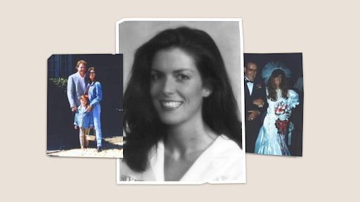 3 photo collage of April Wilkens, left of a parents and a child, middle is a close-up of her, B&W, the right is a wedding photo of a married couple