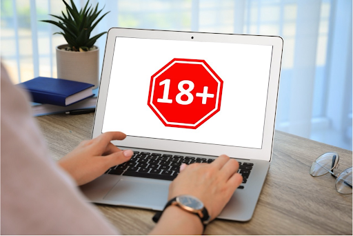 Photo: a person is facing a laptop, the screen is a red stop sign with 18+ inside