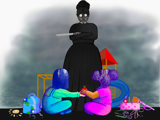 Graphic: a dark figure (teacher) hovers over a visual of children, dressed in bright clothes, playing on the ground with colorful toys