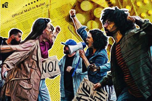 Graphic of people yelling at each other, with visuals of mail-in ballots in the background