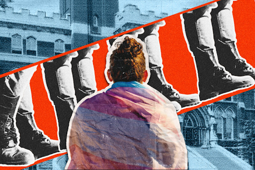 Graphic of a college student wrapped in the trans flag, their back to the viewer. In the background, boots marching, and a university building in grayscale