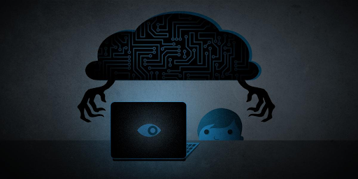 Electronic Frontier graphic - visual of a dark digital cloud with claws, hovering atop a child figure looking at a laptop