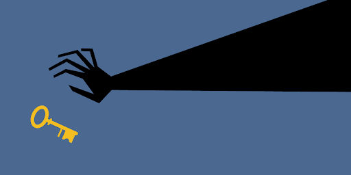 Graphic with a dark hand reaching for a key, with a dark blue background