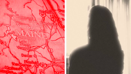 Two images side by side: on the left, a map of Maine in all red; on the right, an abstract outline of a person standing by a window