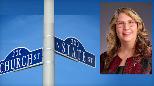 Photo of intersection street sign reading Church St and State St, photo of Rep. Elaine Price (R)