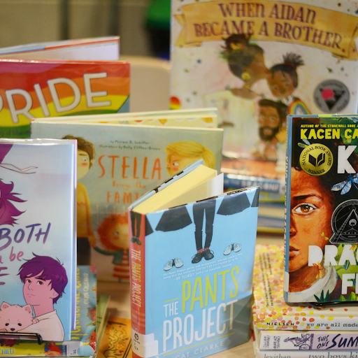 Photo of banned books, arranged in a variety of angles.