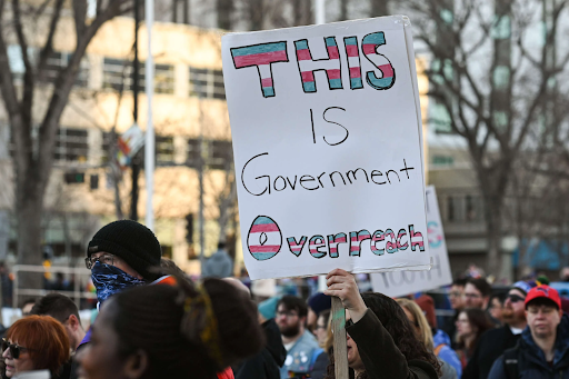 Protestors during a rally at Churchill Square in support of trans youth on February 11, 2024, in Edmonton, Alberta, Canada.