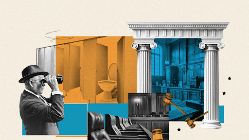Graphic consisting of various courtroom references, a row of bathroom stalls, a man in a hat and suit looking through binoculars
