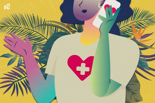 Graphic: healthcare worker wearing white tshirt with a red heart and white cross on the chest, talking on a cell phone, tropical plants in the background