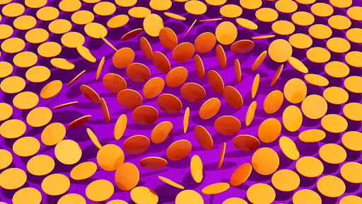Graphic of gold and orange coins on a purple background