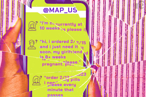 Cell phone visual with yellow screen, MAP_US app orders,  but the entire visual is cracked, like a broken phone screen