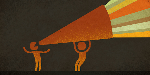 Graphic of a person holding up a massive megaphone, another person yelling through it