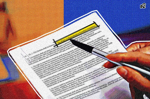 Graphic: a person holding their pen at a contract with highligher marks.