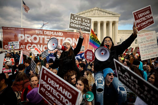 Photo of protesters in front of the Capitol, holding posters demanding protection at conception