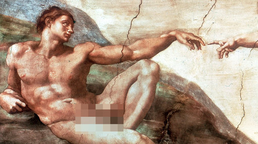 Famous painting of a nude Adam reaching his hand toward the finger of 