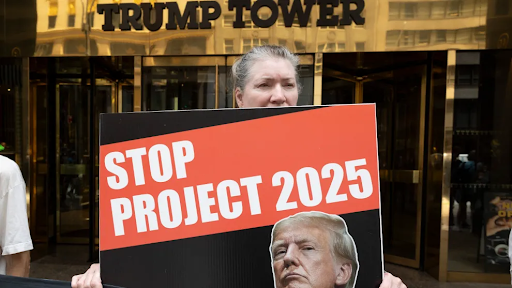 Photo of a protester in front of the Trump Tower, holding a poster stating 