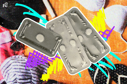 Graphic: photos of mifepristone pill packages, against a backdrop of women's clothing scattered about, including sunglasses, flip flops, and a bra