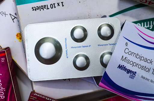 Mifepristone (Photo of the medication in pill form pictured here) is a medication typically used in combination with misoprostol to bring about a medical abortion during pregnancy and manage early miscarriage. 