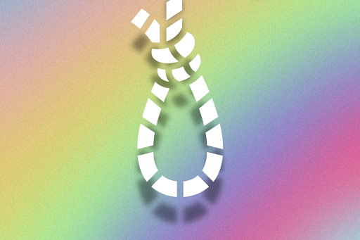 graphic of a white noose, a rainbow backdrop behind it