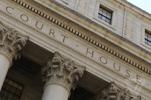 A close-up of the front of a courthouse