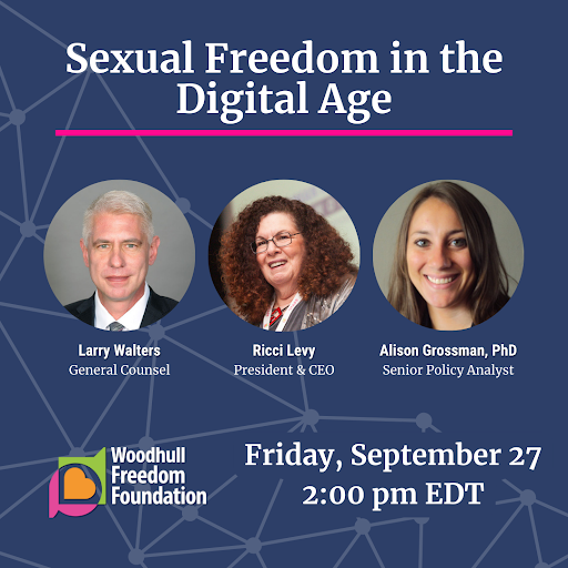 Sexual Freedon in the Digital Age poster - event presenters' photos in bubbles, the Woodhull logo on the bottom left corner.