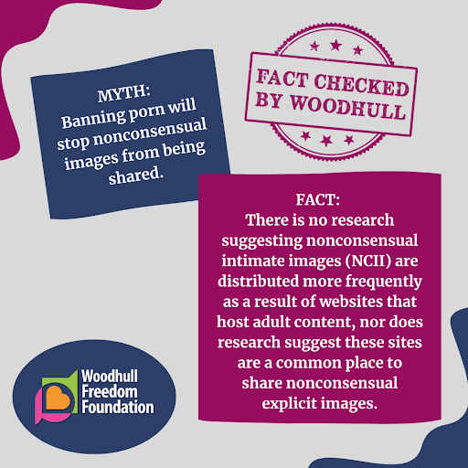 Fact checked by Woodhull - poster of Myth and Fact, in Woodhull brand colors