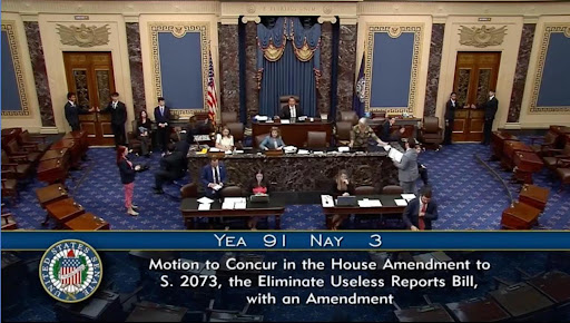 KOSA hearing, a photo of the Senate from the top of the room, listing the vote breakdown