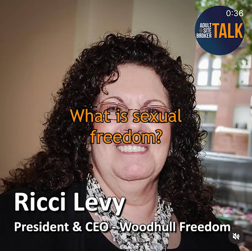 Photo of Ricci Levy, President and CEO Woodhull Freedom Foundation - Over Ricci's face in orange font is 