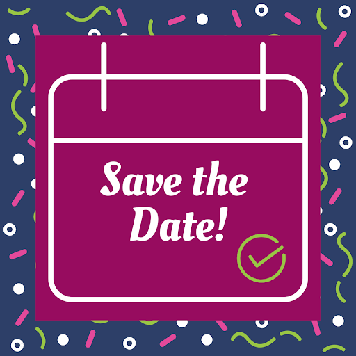 Save the Date graphic in Woodhull's branding colors