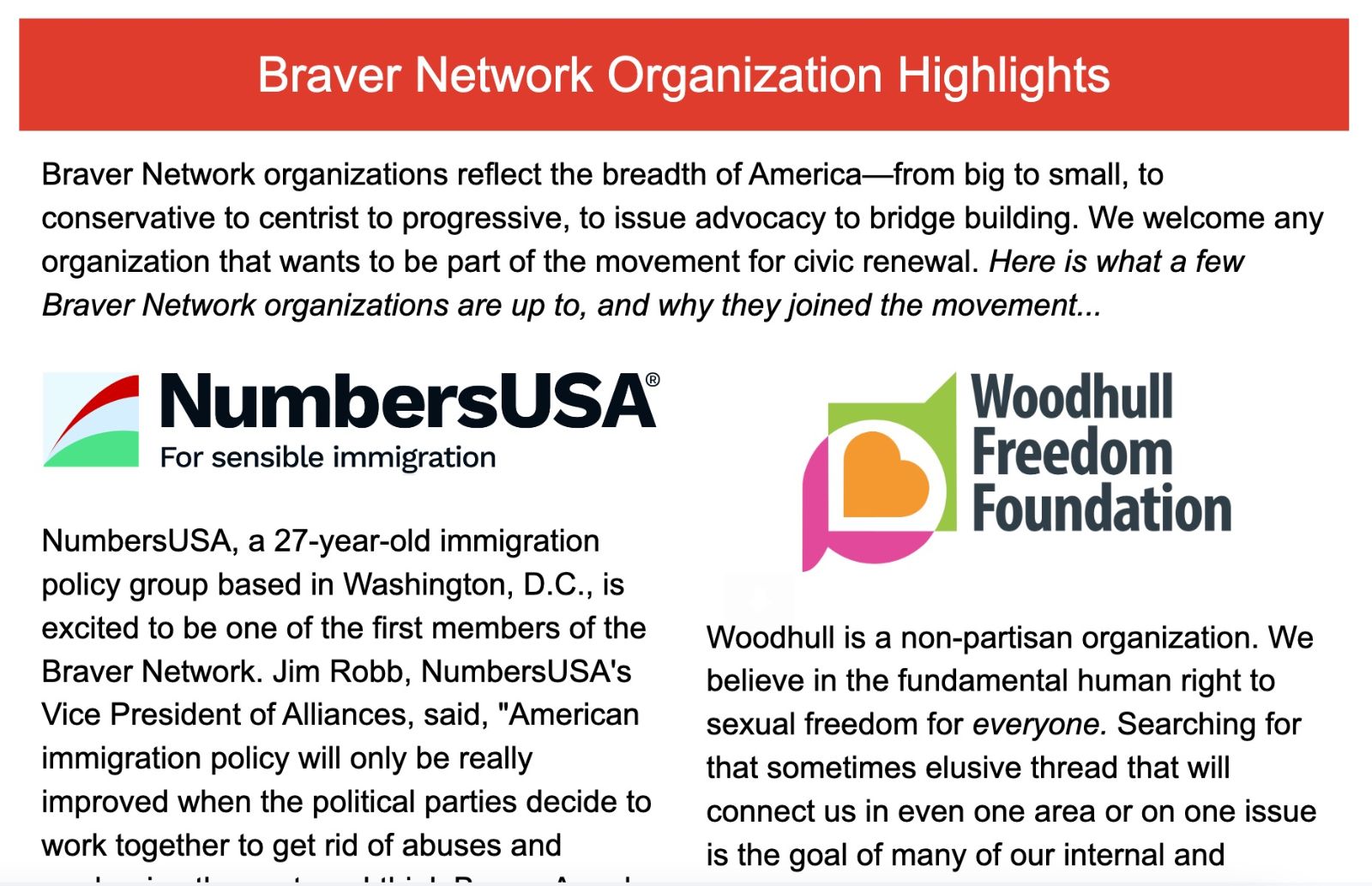 Screenshot of the Braver Network Newsletter
