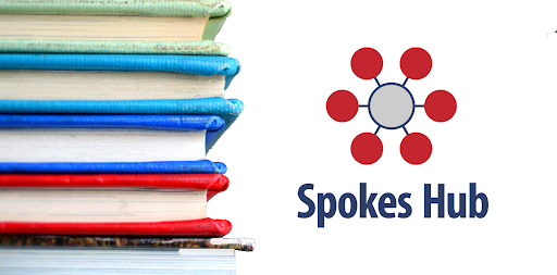 Image of a pile of multicolored books stacked next to the Spokes Hub logo