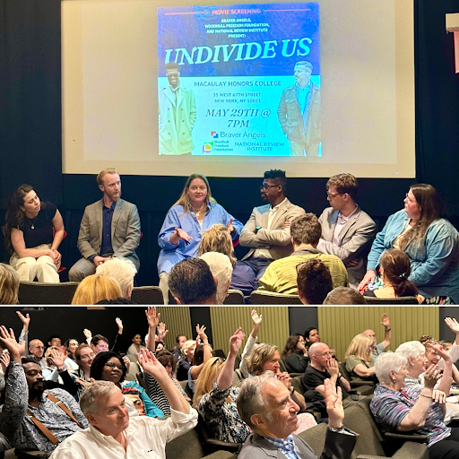 Undivide Us - photos from the event showing the panel, and an audience of people with hands raised