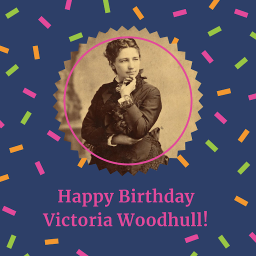 Photo of Victoria Woodhull with graphic confetti and 
