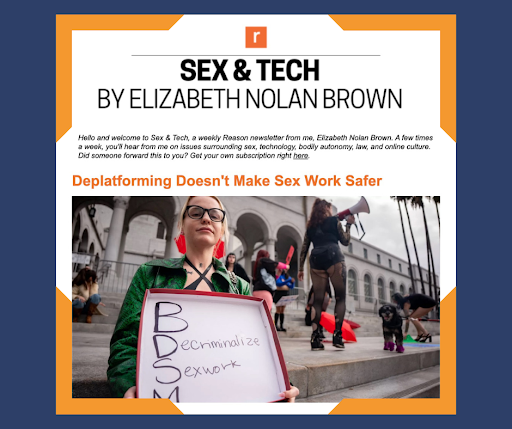 Sex & Tech by Elizabeth Nolan Brown - poster featuring an image of a protest on the steps of a building, picketing for decriminalization of sex work