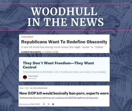 Woodhull In The News poster, with newsprint in the background, and multiple relevant headlines inserted in white boxes.
