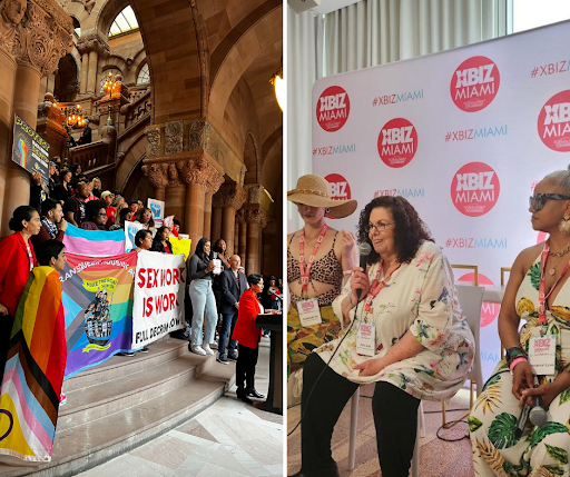 Photos: image of rally (left) and photo (right) of Ricci Levy on the HBIZ Miami panel